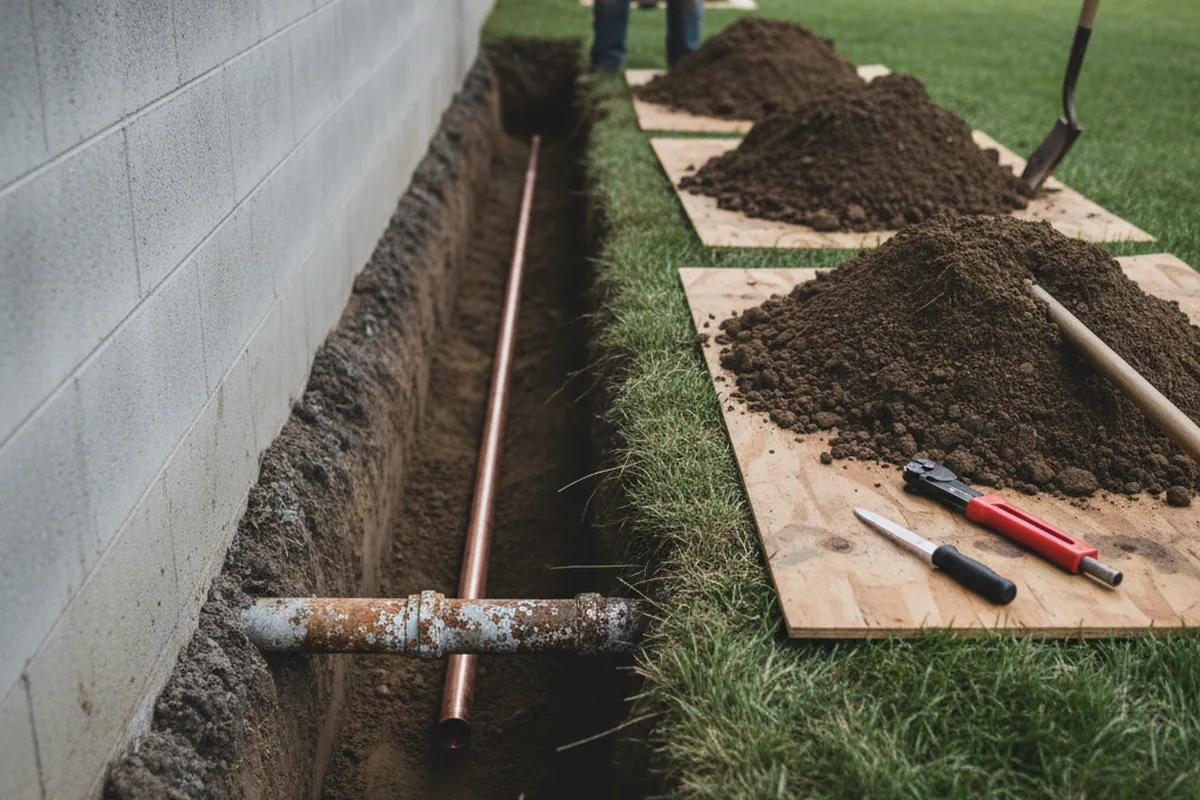 Excavated water line trench during Water Softener Installation in Wakefield